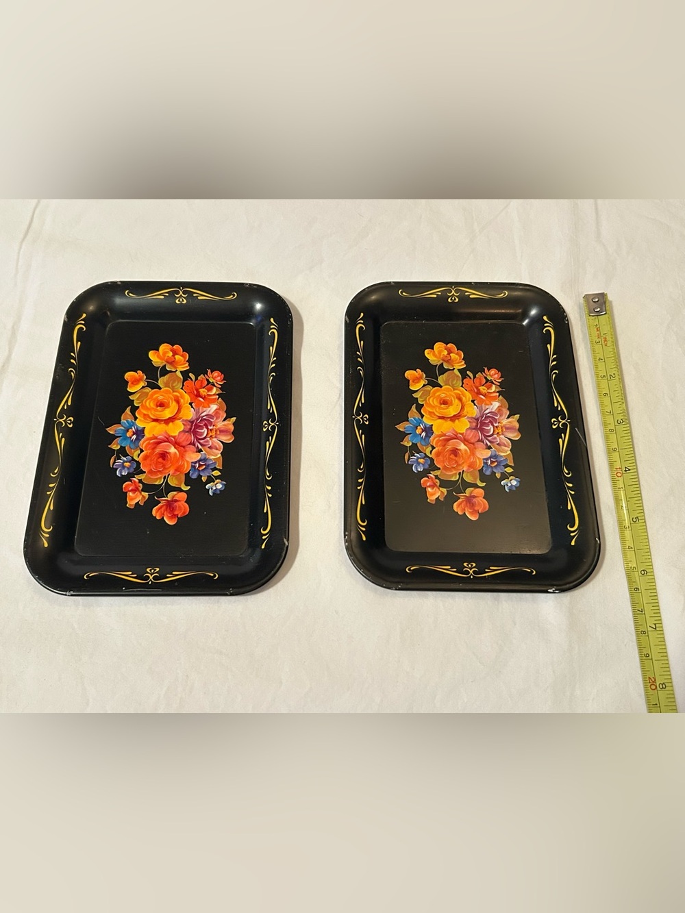 2 Vintage mini metal floral trays black multicolored flowers trinkets 1950s ring